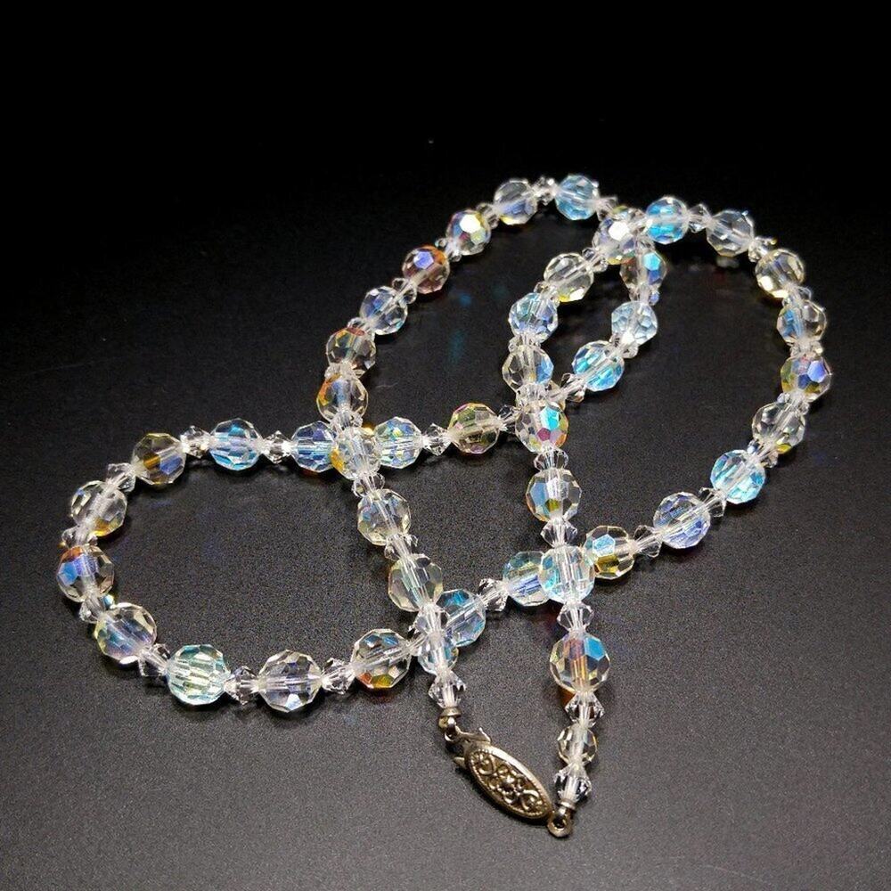 Vintage Crystal Aurora Borealis Beaded Necklace, Wedding Beads, 1960s, 24 Inch
